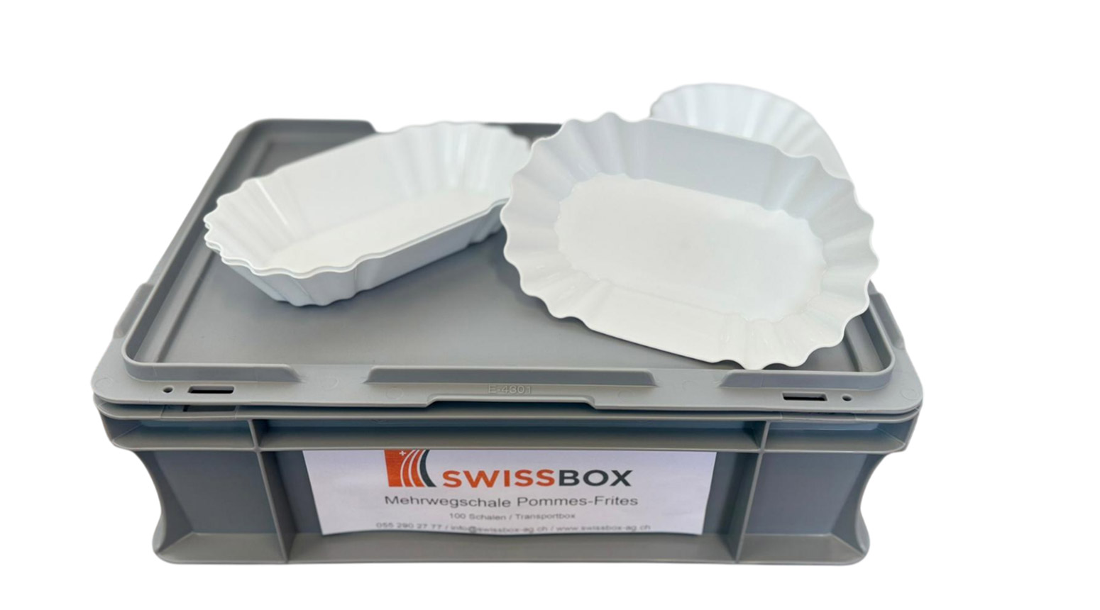 Pommes-Frites Schale, Mehrwegteller, 190x110x40 mm, PP, weiss, inkl. Transportbox